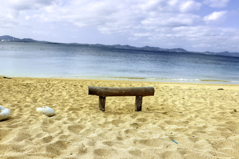南国の青い海　砂浜と流木で作った椅子